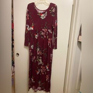 Viishow Womens Maxi Dress L Large Burgundy Red Floral Print Long Sleeve